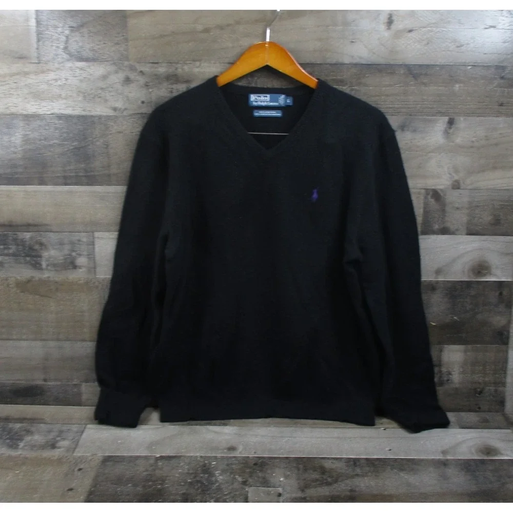 Polo Ralph Lauren Sweater Mens Large Black Lambs Wool V Neck Pullover Luxury